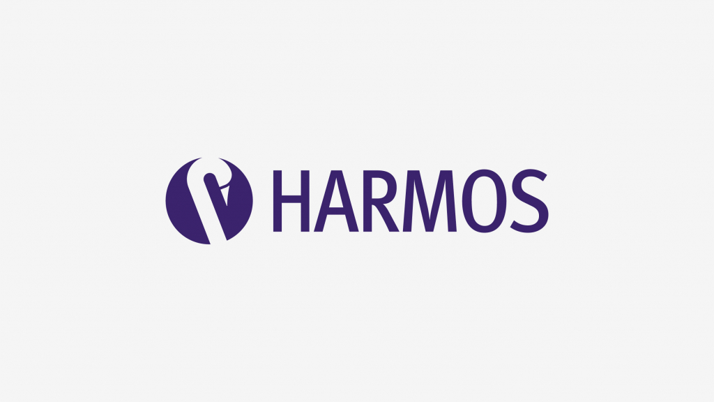 Harmos logo on light grey background.
